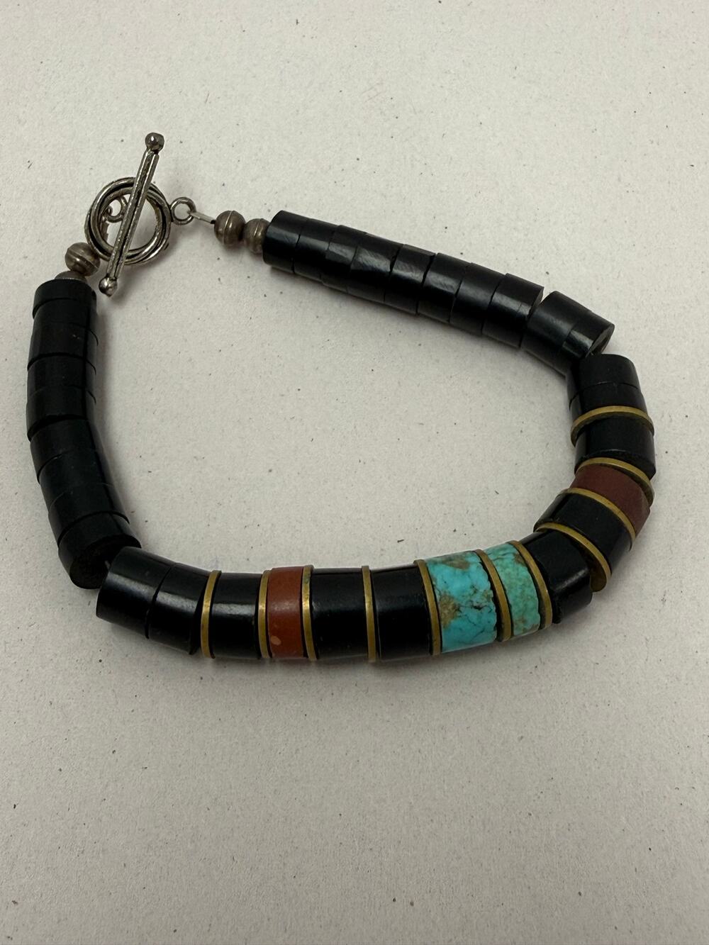 Vintage Navajo San Domingo Heishi Bracelet Black Jet Turquoise Coral Size 7.5